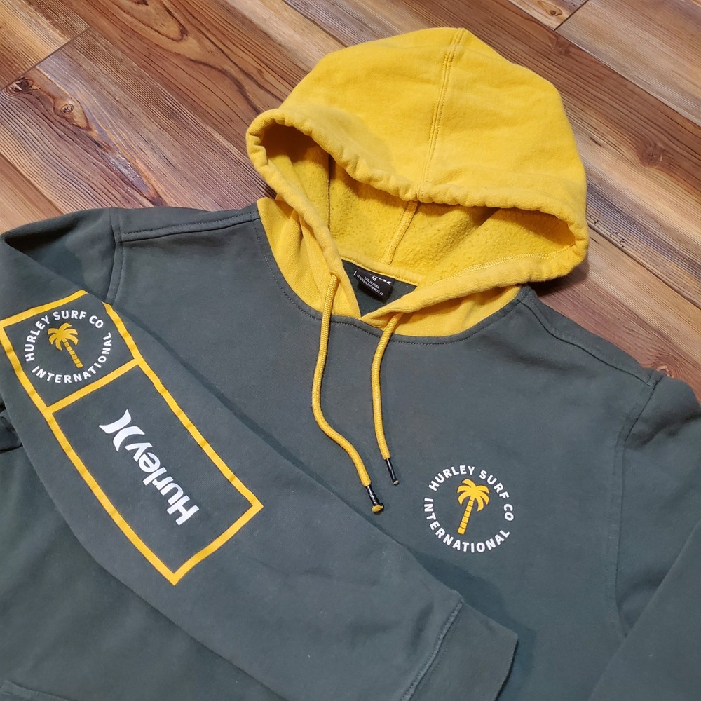 Hurley Surf Co International Hoodie Mens Medium Skate Green Yellow Palm Tree